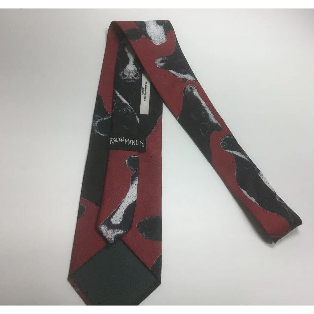 Ralph Marlin Cows Theme Mens‎ Neck Tie 1994 Burgundy Black White Holstein Print - Picture 7 of 7